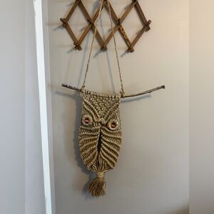 Vintage 70s Handmade Jute Macrame Owl Wall Hanging Brown OS